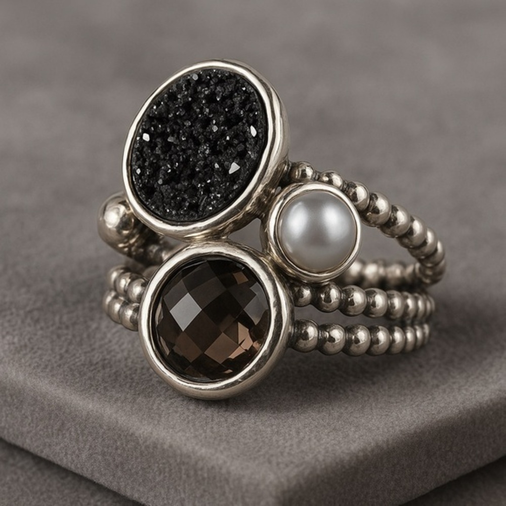 Michael Dawkins Smokey Quartz Drusy Silver (925) Ring Triple Band EUC 8 #343